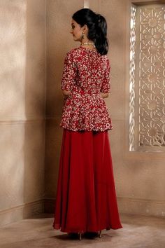 Shop for OMANA BY RANJANA BOTHRA Zareen Flower Embroidered Peplum Top And Sharara Set for Women Online at Aza Fashions Red Sharara With Floral Embroidery For Wedding, Red Georgette Sharara With Floral Embroidery, Red Floral Embroidered Sharara For Party, Elegant Red Blouse For Eid, Red Georgette Blouse For Eid, Elegant Red Sharara With Floral Embroidery, Top And Sharara Set, Silk Sharara, Red Peplum Tops