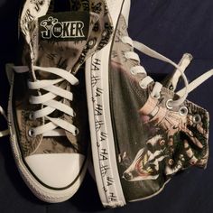 Rare Hard To Find "Joker" "Haha" Dc Comics Converse Chuck Taylor All Stars Used But In Excellent Condition.. They Have Minor Wear In The Bottom Of The Shoe Everything Else Is In Great Condition ("Haha" Laces That Originally Came With Them Are Missing) A Brand New Identical Paid Sold On Poshmark For $427 Make Me An Offer These Would Make A Great Addition To Any Collector's Closet Customizing Converse, Joker Shoes, Converse Ideas, Emo Shoes, Diy Converse, Cute Converse Shoes, Cool Converse, Converse Design, Cute Converse