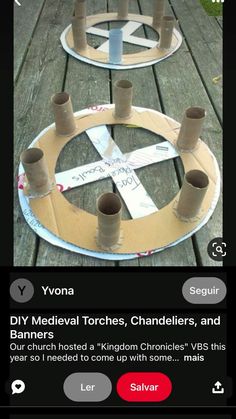 an image of a wooden table made out of toilet paper rolls and cardboard tubes with the words diy medieval touches, chandlers, and bathers