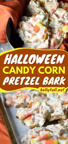 The ultimate Halloween food idea for parties! This fun dessert recipe is ridiculously easy to make with just 3 ingredients. Mixed with white chocolate and candy corn, this pretzel bark is yummy! Scary Desserts, White Chocolate Bars, Pretzel Bark, Healthy And Unhealthy Food, Easy Tasty Recipes, White Chocolate Candy, Fun Dessert, Chinese Take Out