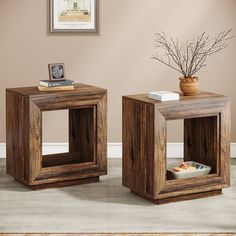 two wooden end tables with one open and the other closed