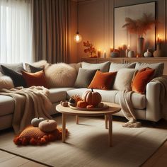 a living room filled with lots of furniture and pillows on top of a rug next to a window