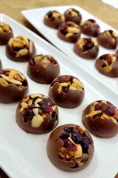 chocolates with nuts and dried cranberries are on a white plate, ready to be eaten