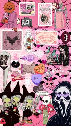 a collage of halloween stickers on a pink background