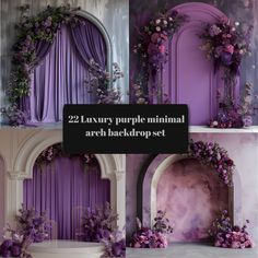 the purple room is decorated with flowers and greenery