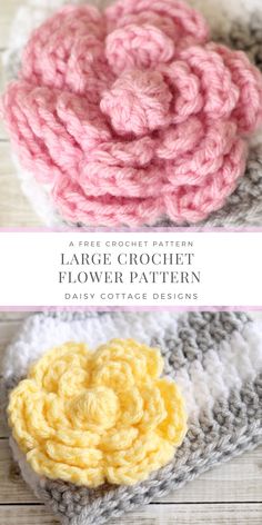 two crochet flower patterns on top of each other, with the title text overlay