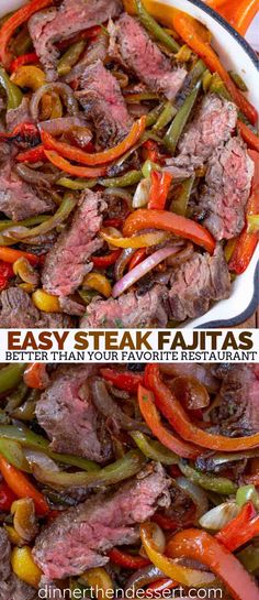 steak fajitas with peppers and onions in a skillet