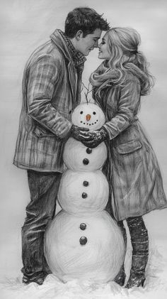 a drawing of two people standing next to a snowman with their arms around each other