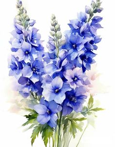 watercolor painting of blue flowers in a vase