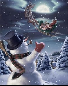 a snowman is flying in the sky next to a santa clause sleigh