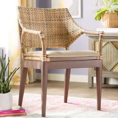 a chair sitting on top of a rug next to a potted plant