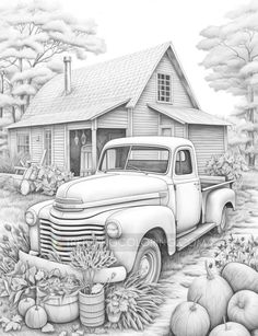 an old pickup truck parked in front of a house with pumpkins and gourds