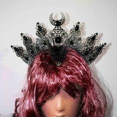 Gothic Headpiece Metal Crown Hallo Goddes Headpiece Birthday Headdress Luna Festival Crown Wiccan Headdress Black Horned Costume Hats And Headpieces, Black Horned Fantasy Costume Accessories, Black Horned Costume Hat For Fantasy Events, Black Horned Hat For Fantasy Events, Black Punk Costume Hats And Headpieces, Halloween Cosplay Costume Accessories With Tall Crown, Fantasy Crown For Costume Party, Fantasy Crown Costume Accessories For Costume Party, Silver Costume Accessories For Halloween Fantasy Events