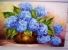 a painting of blue flowers in a vase