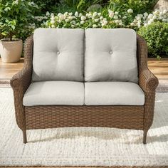 a wicker couch sitting on top of a rug in front of a potted plant