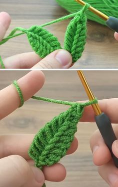 two pictures showing how to crochet the leaves with green yarn and gold knitting needles