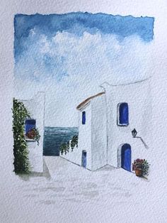 watercolor painting of white buildings with blue doors and windows on the outside, overlooking the ocean