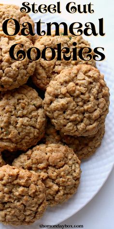 oatmeal cookies on a white plate with the words, sweet cut oatmeal cookies