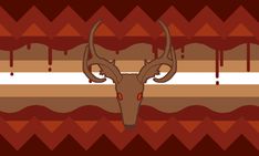 a deer's head with long horns on a red and brown background