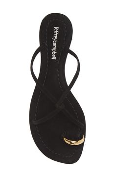 A metallic toe loop and interlocking vamp straps create contemporary allure on a leather slide sandal that will complement your trendsetting style. Flat sole Leather upper and lining/synthetic sole Imported Essential Shoes For Women, Flat Sandals Outfit, Black Heel Sandals, Classy Sandals, Black Flat Sandals, Jeffrey Campbell Sandals, Black And White Sandals, Women Slides, Sandals Outfit