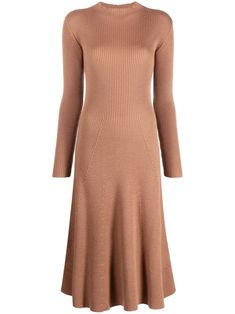 light brown virgin wool blend logo patch at the sleeve ribbed knit mock neck long sleeves calf-length straight hem Wool Thread, Ribbed Knit Dress, Fantasy Gowns, Knit Midi Dress, Wool Dress, Mid Length Dresses, Knitwear Women, Patch Logo, Knit Dress