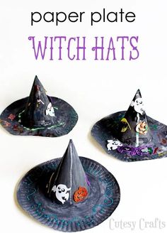 paper plate witch hats with halloween decorations on them and text overlay that reads, paper plate witch hats