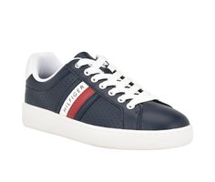 Leather upper with perforation details for breathability, Lace up closure for secure fit, Round Toe, Cushioned foam insole,100% TR (synthetic rubber) outsole | Women's Tommy Hilfiger Jallya Fashion Sneakers in Navy Size 6 Tommy Hilfiger Cushioned Sneakers In Synthetic Material, Tommy Hilfiger Sneakers With Cushioned Footbed, Tommy Hilfiger Cushioned Synthetic Sneakers, Tommy Hilfiger Sneakers With Rubber Sole For Sports, Tommy Hilfiger Sneakers With Cushioned Footbed For Sports, Tommy Hilfiger Sneakers With White Sole For Sports, Tommy Hilfiger Sporty Sneakers With Perforated Toe Box, Tommy Hilfiger Synthetic Sneakers With Perforated Toe, Tommy Hilfiger Synthetic Sneakers For Sports