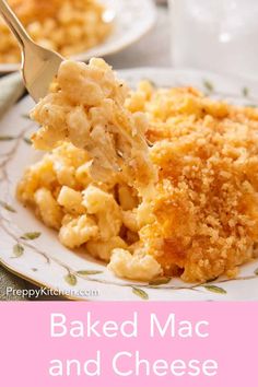 baked macaroni and cheese on a plate with a fork