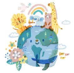 the earth is surrounded by animals and flowers