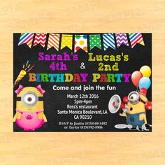 a birthday party with minion characters on the front and back of it's card