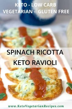 spinach ricotta keto ravioli on a white plate