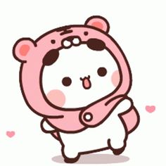 a cartoon bear with a pink scarf around its neck and eyes, standing in front of hearts