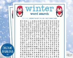 the word search for winter is displayed in front of snowflakes and blue sky