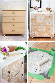 four different pictures of an old dresser with white paint and flowers on the top one