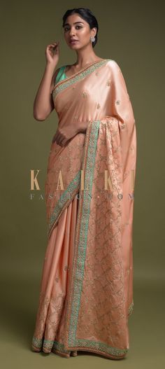 Buy Online from the link below. We ship worldwide (Free Shipping over US$100)  Click Anywhere to Tag Melon-Peach-Saree-In-Satin-With-Zari-Embroidered-Moroccan-Pattern-And-Floral-Buttis-Online-Kalki-Fashion Traditional Indian Clothing, Ethnic Wear For Women, Moroccan Pattern, Indian Clothing, Saree Look