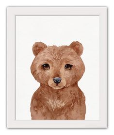 a painting of a brown bear with eyes wide open, sitting in front of a white background