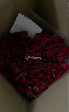 a bouquet of red roses in a box with the words still observing written on it