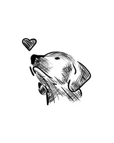 a black and white drawing of a dog's head with a heart in the background