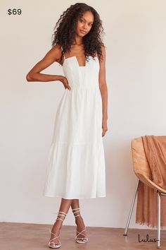 Feel like an absolute dream in the Lulus Simplicity and Sweetness White Sleeveless Tiered Midi Dress! Jacquard-style woven fabric, with a textured design throughout, shapes this dress that has adjustable spaghetti straps, a notched neckline (with hidden boning), and a princess-seamed bodice. A fitted waist tops a full midi skirt with a tiered hem and twin side seam pockets. Smocking at back for fit. Hidden back zipper/clasp. Fit: This garment fits true to size. Length: Mid-calf length. Size medi Megan White, Photoshoot Women, Stylish Closet, Trip Outfit, Full Outfits, Full Midi Skirt, Brunch Dress, Notched Neckline, Trip Outfits