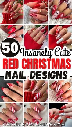 50 Red Christmas Nail Ideas That Are Sleighing This Season 103 50 Red Christmas Nail Ideas That Are Sleighing This Season Holiday Nails Candy Cane, Gel Nail Designs Christmas, Nails For December, December Nail Art, Festive Nail Ideas, Trendy Christmas Nails, Red Christmas Nail