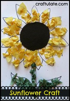 a sunflower craft made out of yellow paper and black felt with the words, sunflower craft