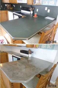 before and after photos of a kitchen countertop