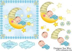 the baby is sleeping on the moon with stars and clouds around it, as well as other items