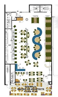 an overhead view of the floor plan for a restaurant with tables and chairs, water feature in the center