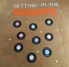 a bulletin board with buttons on it that says getting in the grove