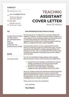 a cover letter for a teacher's resume with the words teaching assistant on it