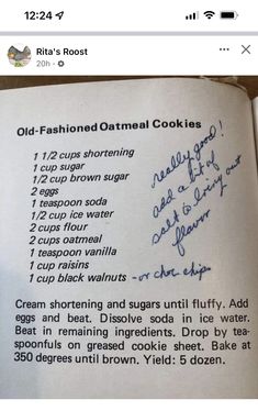 an open recipe book with instructions on how to make oatmeal cookies