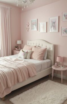 a bedroom decorated in pink and white with pictures on the wall above the bed, along with a chandelier