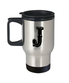 a stainless steel travel mug with the letter j in black and white letters on it