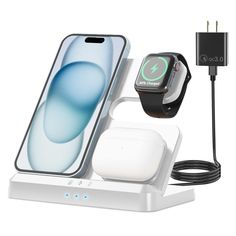 an apple watch and charger are shown with the charging dock attached to it's base